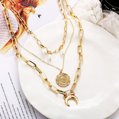 Pearl & 18K Gold-Plated Moon Coin Layer Necklace