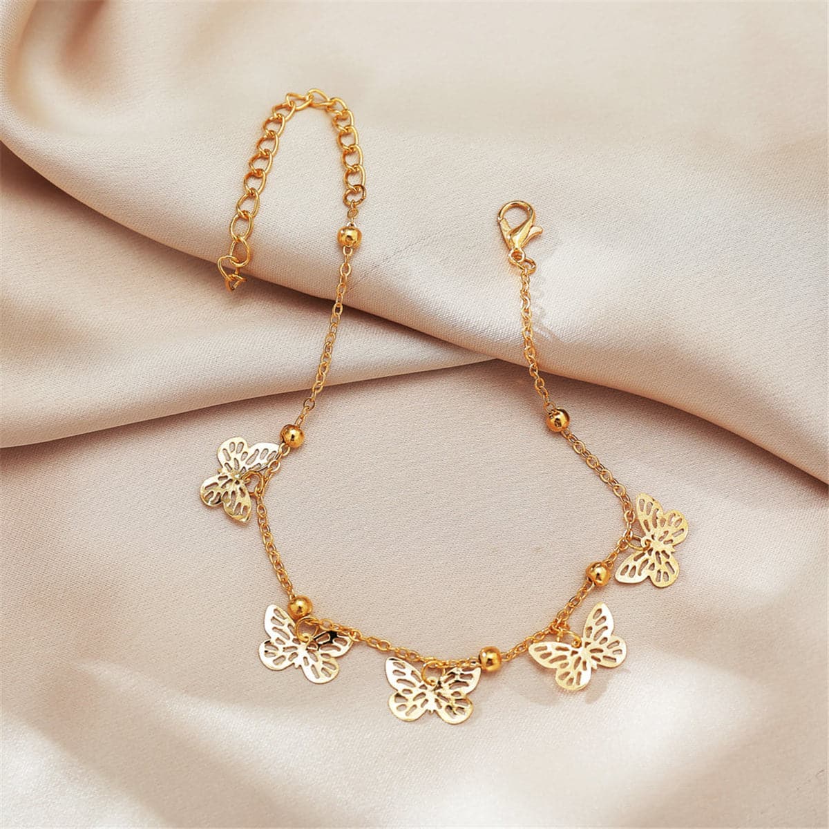 18K Gold-Plated Butterfly Station Anklet, gold anklet bracelet, dainty minimalist design, lifestyle look