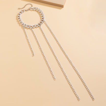 Silver-Plated Curb Chain Waterfall Tassel Choker Necklace, silver pendant necklace for women, botanical inspired, styled look