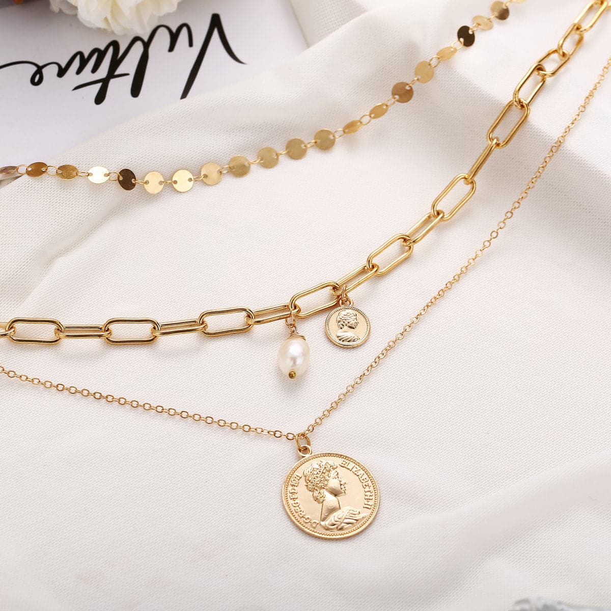 Pearl & 18K Gold-Plated Coin Layer Necklace