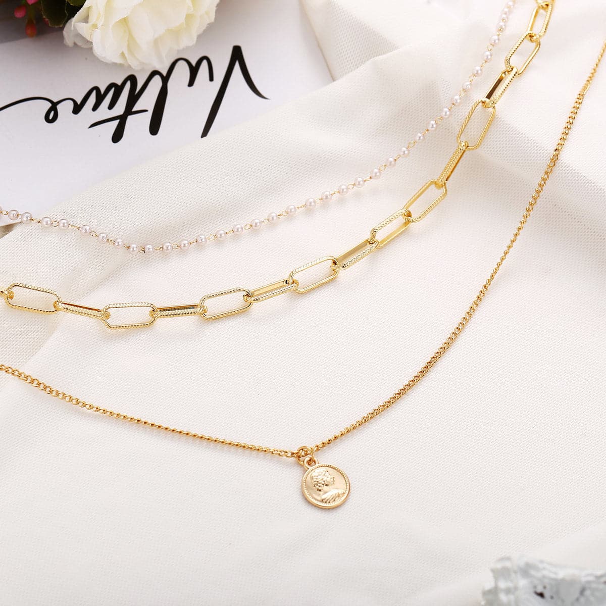Pearl & 18K Gold-Plated Coin Pendant Layer Necklace