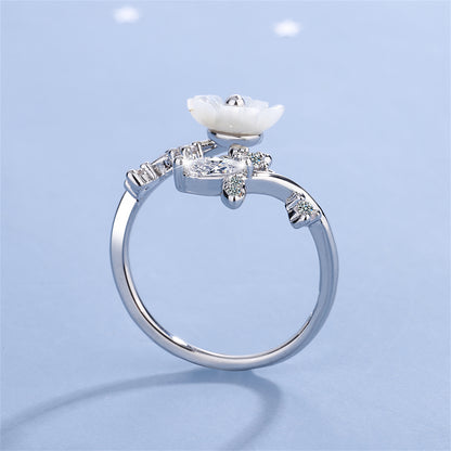 Cubic Zirconia and Shell Silver-Plated Shell Flower Bypass Ring, silver statement rings for women, detail close-up