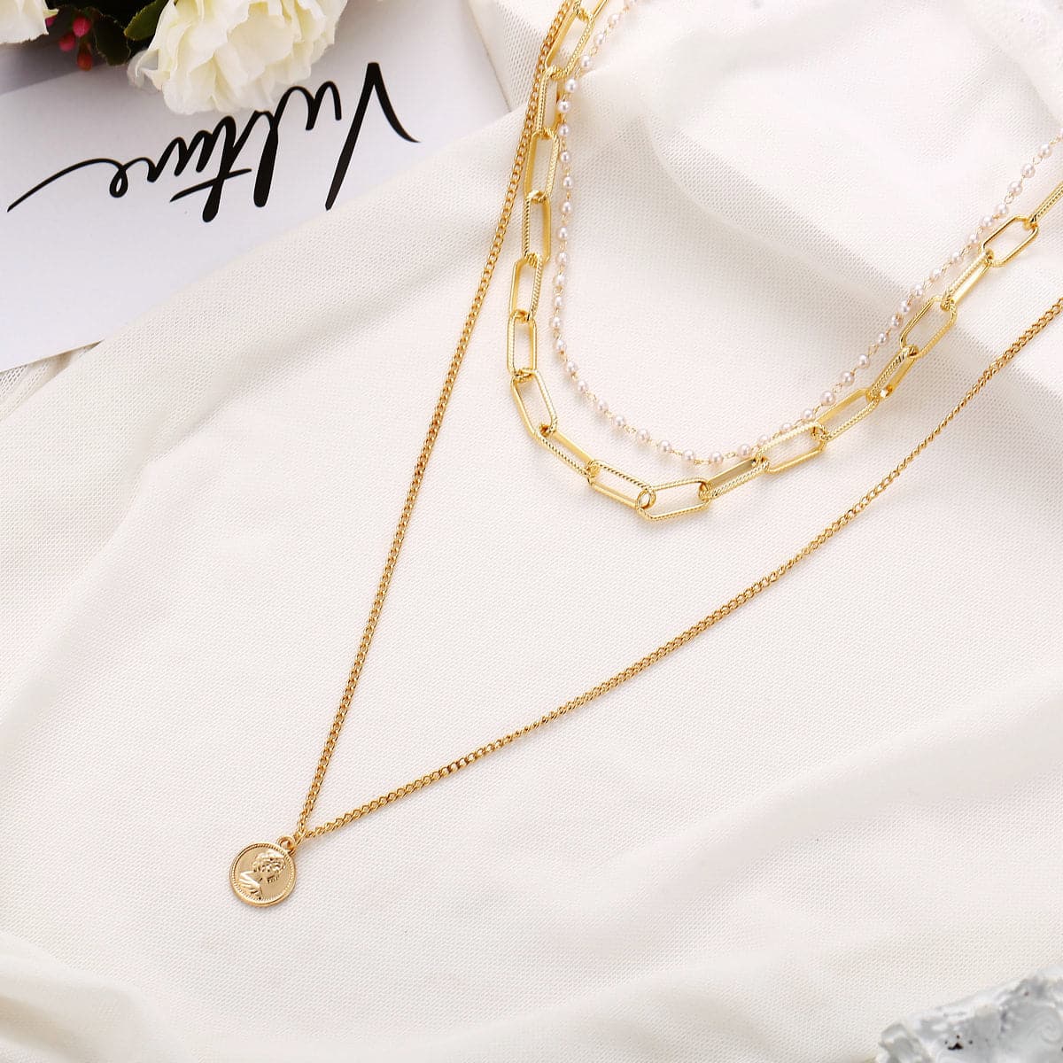Pearl & 18K Gold-Plated Coin Pendant Layer Necklace