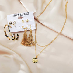 Cubic Zirconia & 18K Gold-Plated Earrings & Layered Pendant Necklace Set