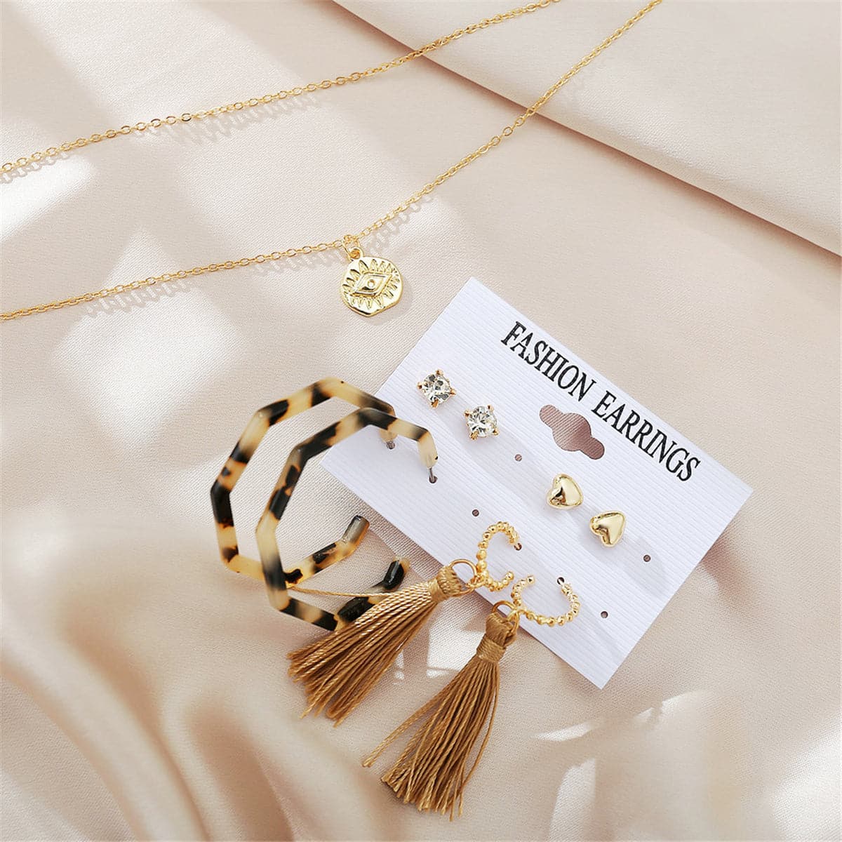 Cubic Zirconia & 18K Gold-Plated Earrings & Layered Pendant Necklace Set