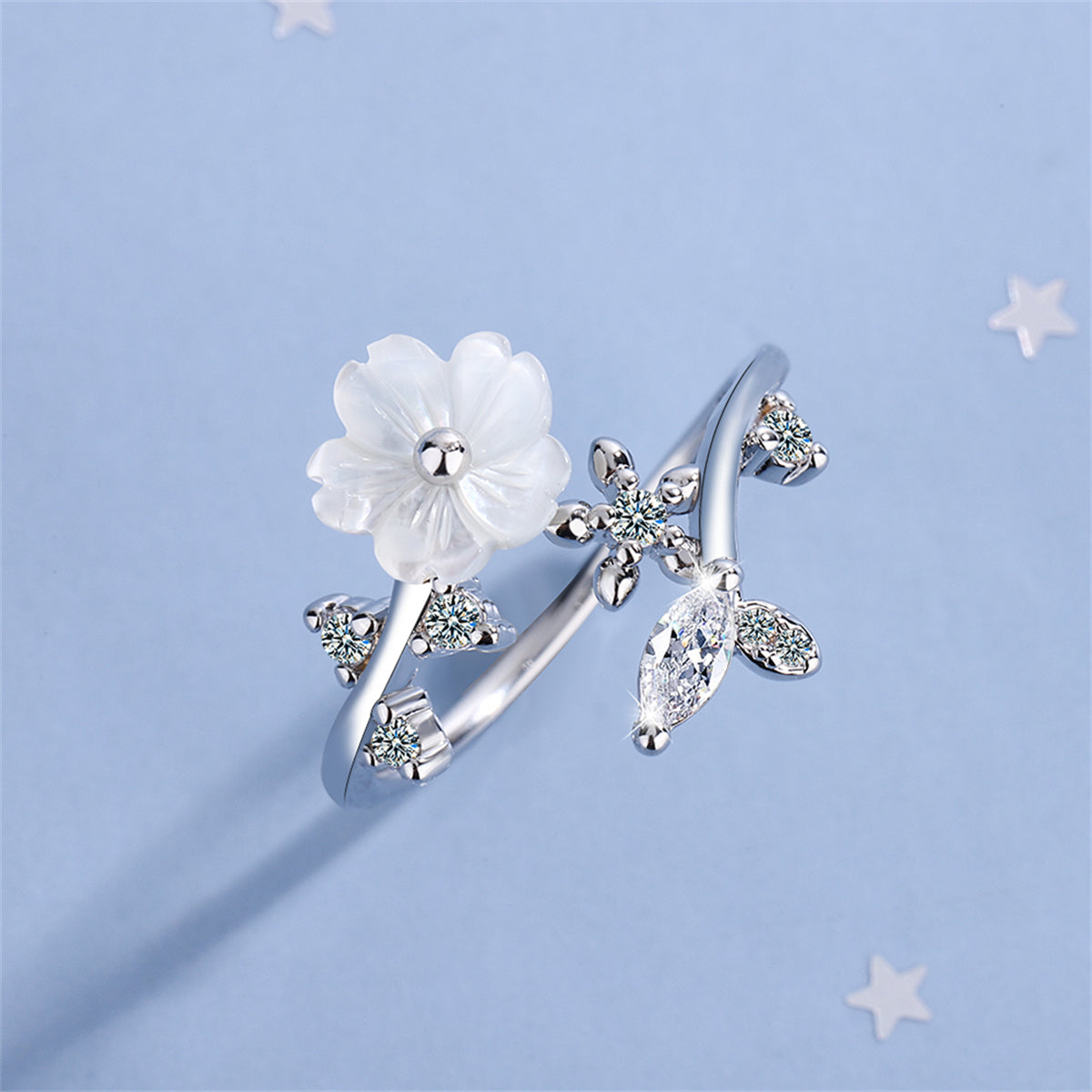 Cubic Zirconia and Shell Silver-Plated Shell Flower Bypass Ring, silver statement rings for women, lifestyle look