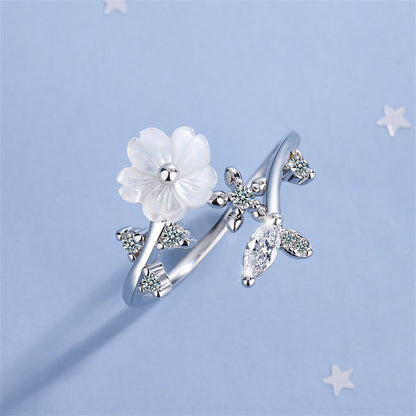 Cubic Zirconia and Shell Silver-Plated Shell Flower Bypass Ring, silver statement rings for women, lifestyle look