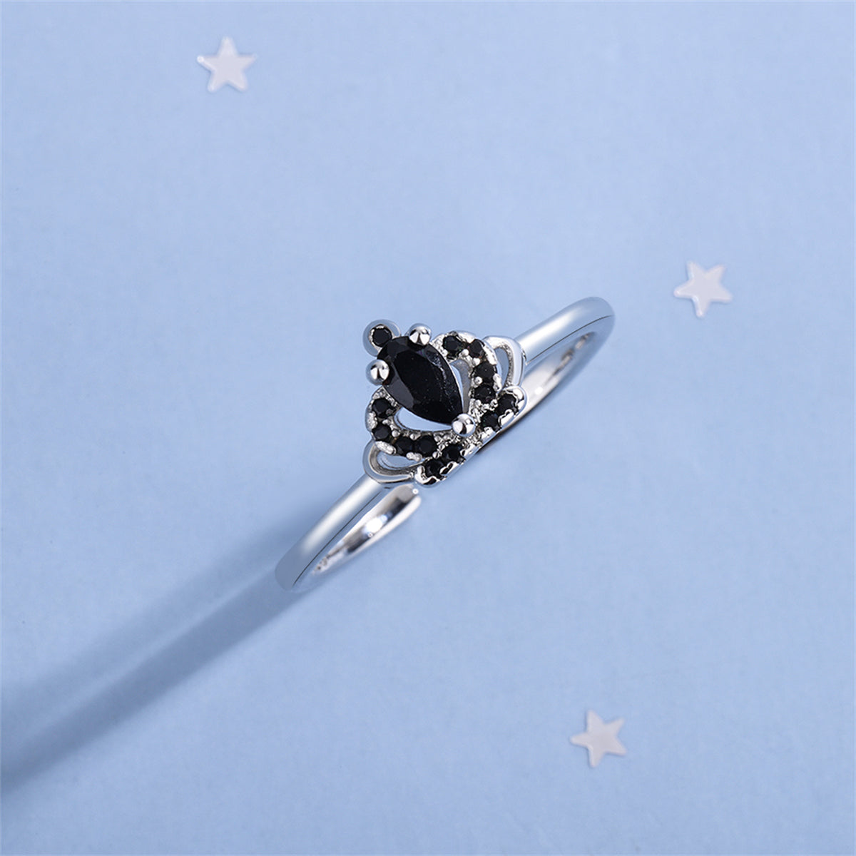 Black Cubic Zirconia & Silver-Plated Crown Open Ring