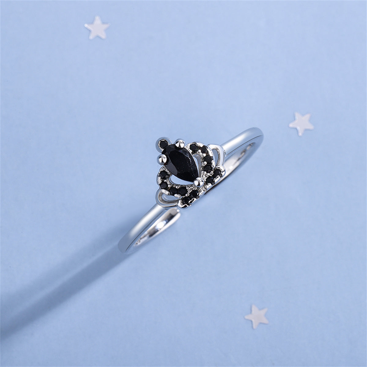 Black Cubic Zirconia and Silver-Plated Crown Open Ring, silver statement rings for women, lifestyle look