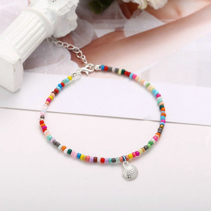 Red and Silver-Plated Shell Charm Anklet, silver anklet bracelet, dainty minimalist design, front view