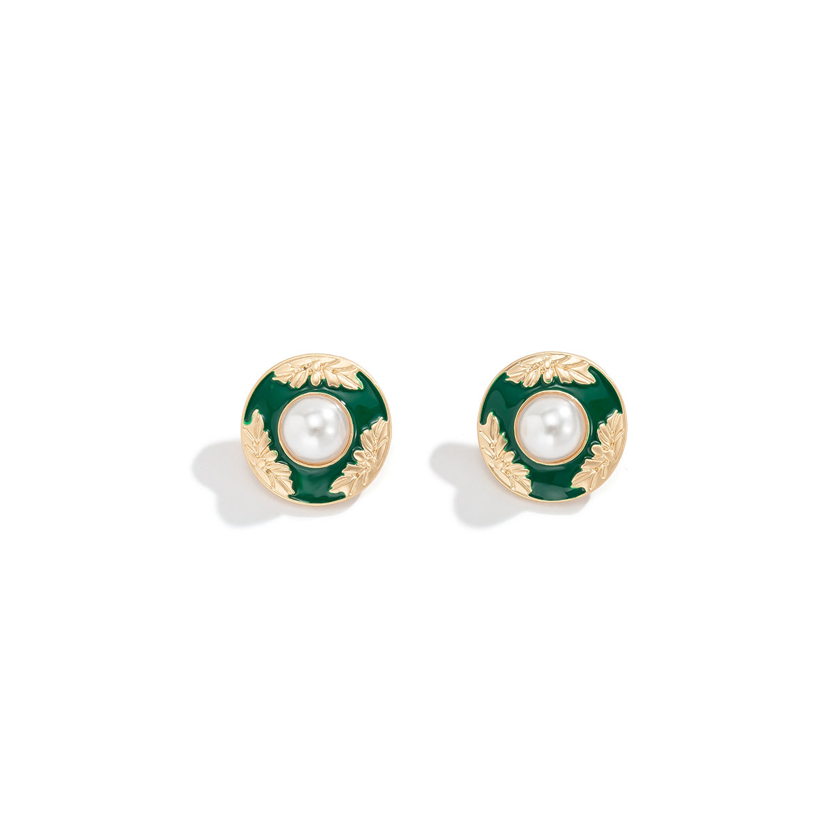 Green Enamel & Pearl Flower Round Stud Earrings
