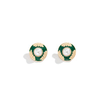 Green Enamel & Pearl Flower Round Stud Earrings