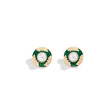 Green Enamel & Pearl Flower Round Stud Earrings