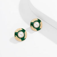 Green Enamel & Pearl Flower Round Stud Earrings