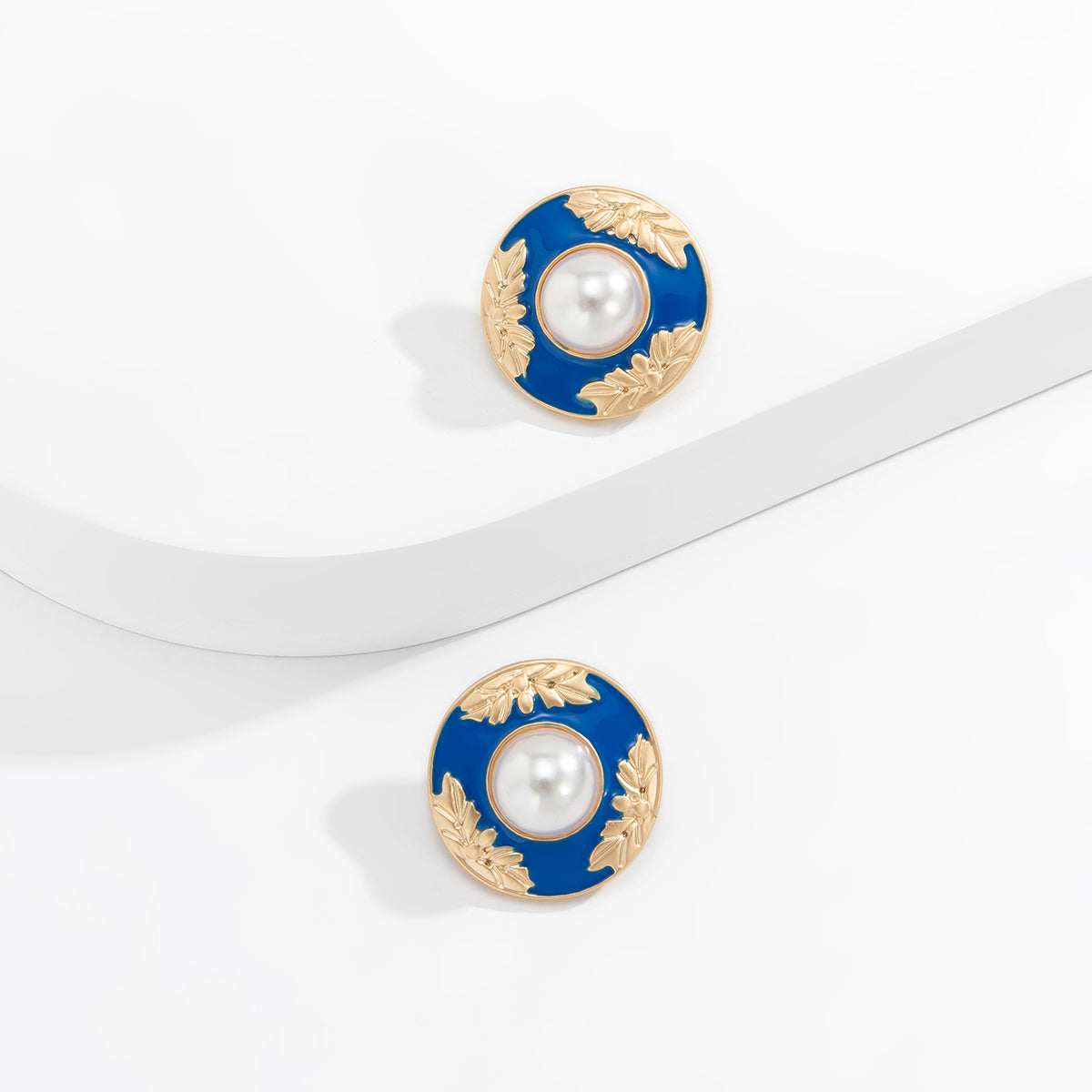 Blue Enamel & Pearl Flower Round Stud Earrings