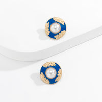 Blue Enamel & Pearl Flower Round Stud Earrings