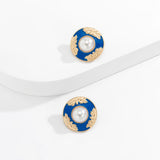 Blue Enamel & Pearl Flower Round Stud Earrings