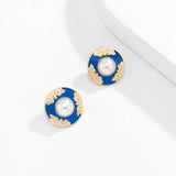 Blue Enamel & Pearl Flower Round Stud Earrings