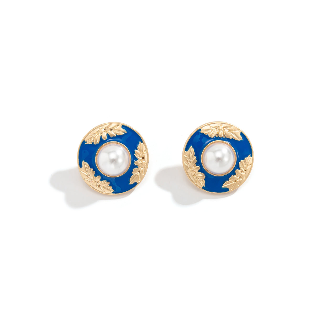 Blue Enamel & Pearl Flower Round Stud Earrings