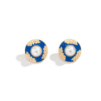 Blue Enamel & Pearl Flower Round Stud Earrings