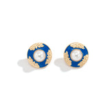 Blue Enamel & Pearl Flower Round Stud Earrings