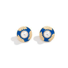 Blue Enamel & Pearl Flower Round Stud Earrings