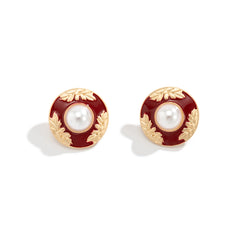 Red Enamel & Pearl Flower Round Stud Earrings
