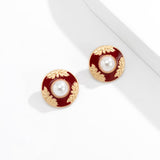 Red Enamel & Pearl Flower Round Stud Earrings