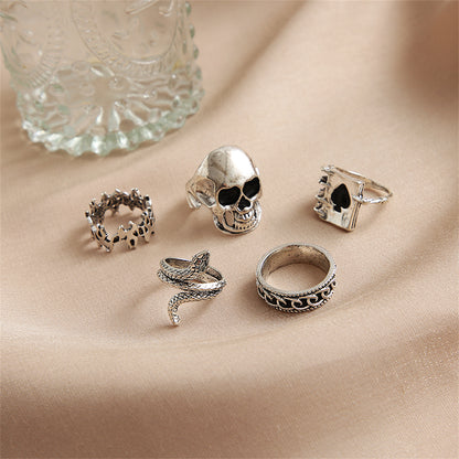 Silver-Plated Oxidized Skull Ring Set, jewelry gift sets for women, elegant gift for her, detail close-up