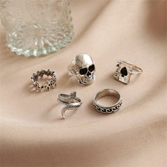 Silver-Plated Oxidized Skull Ring Set