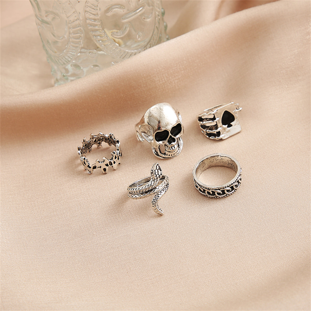 Silver-Plated Oxidized Skull Ring Set, jewelry gift sets for women, elegant gift for her, lifestyle look