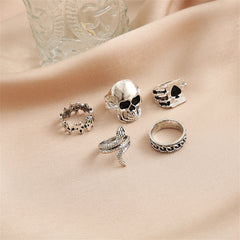 Silver-Plated Oxidized Skull Ring Set