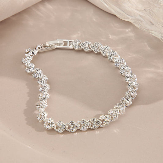 Cubic Zirconia and Silver-Plated Heart Chain Bracelet, silver bracelet for women, elegant gift for her, front view