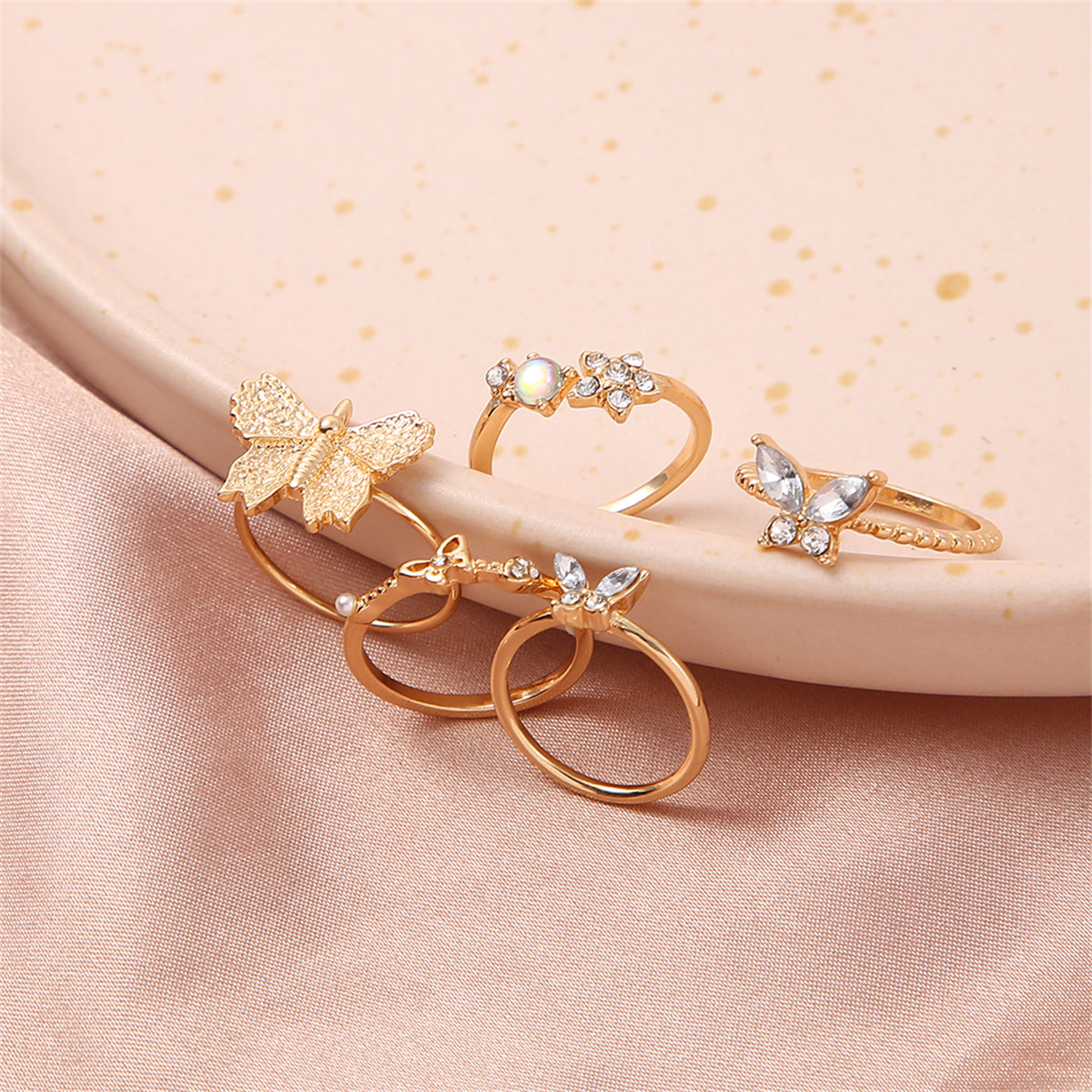 Pearl & Cubic Zirconia 18K Gold-Plated Moonstone-Accent Butterfly Ring Set