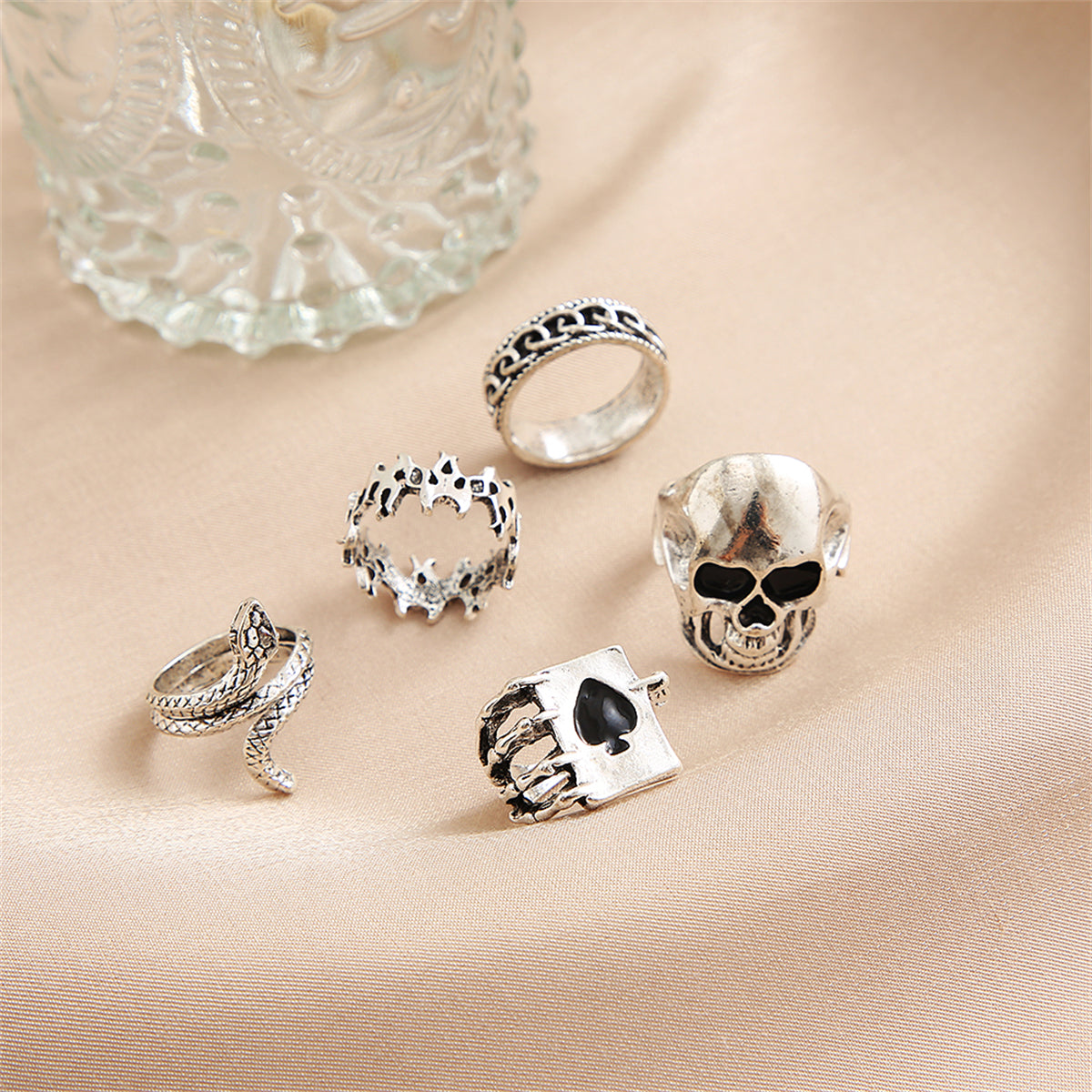 Silver-Plated Oxidized Skull Ring Set, jewelry gift sets for women, elegant gift for her, styled look
