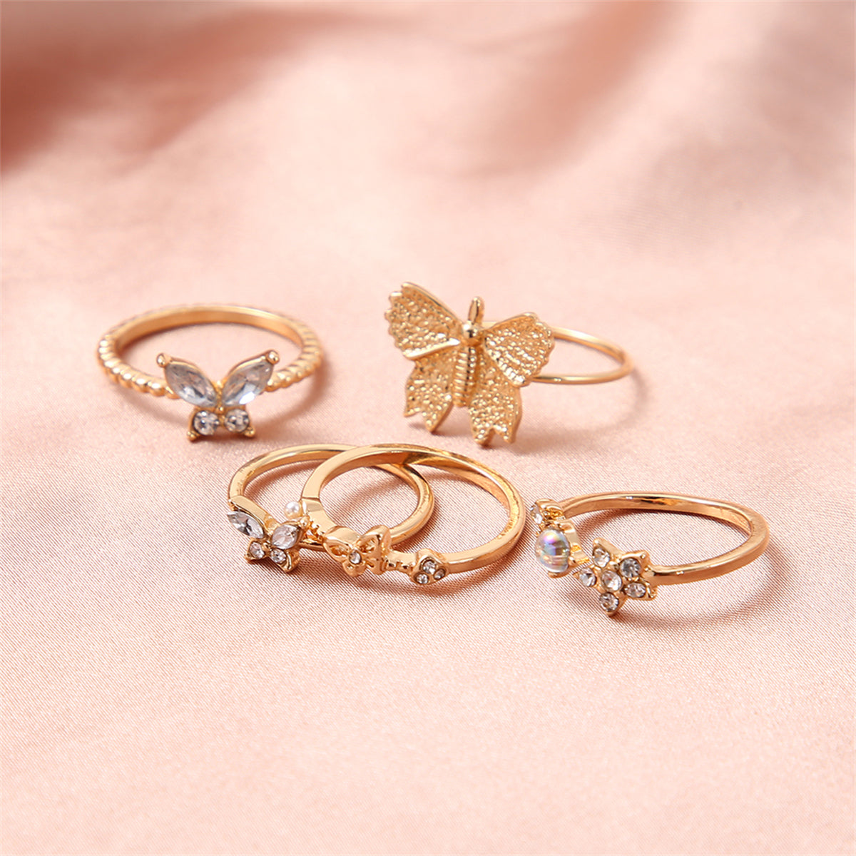 Pearl & Cubic Zirconia 18K Gold-Plated Moonstone-Accent Butterfly Ring Set