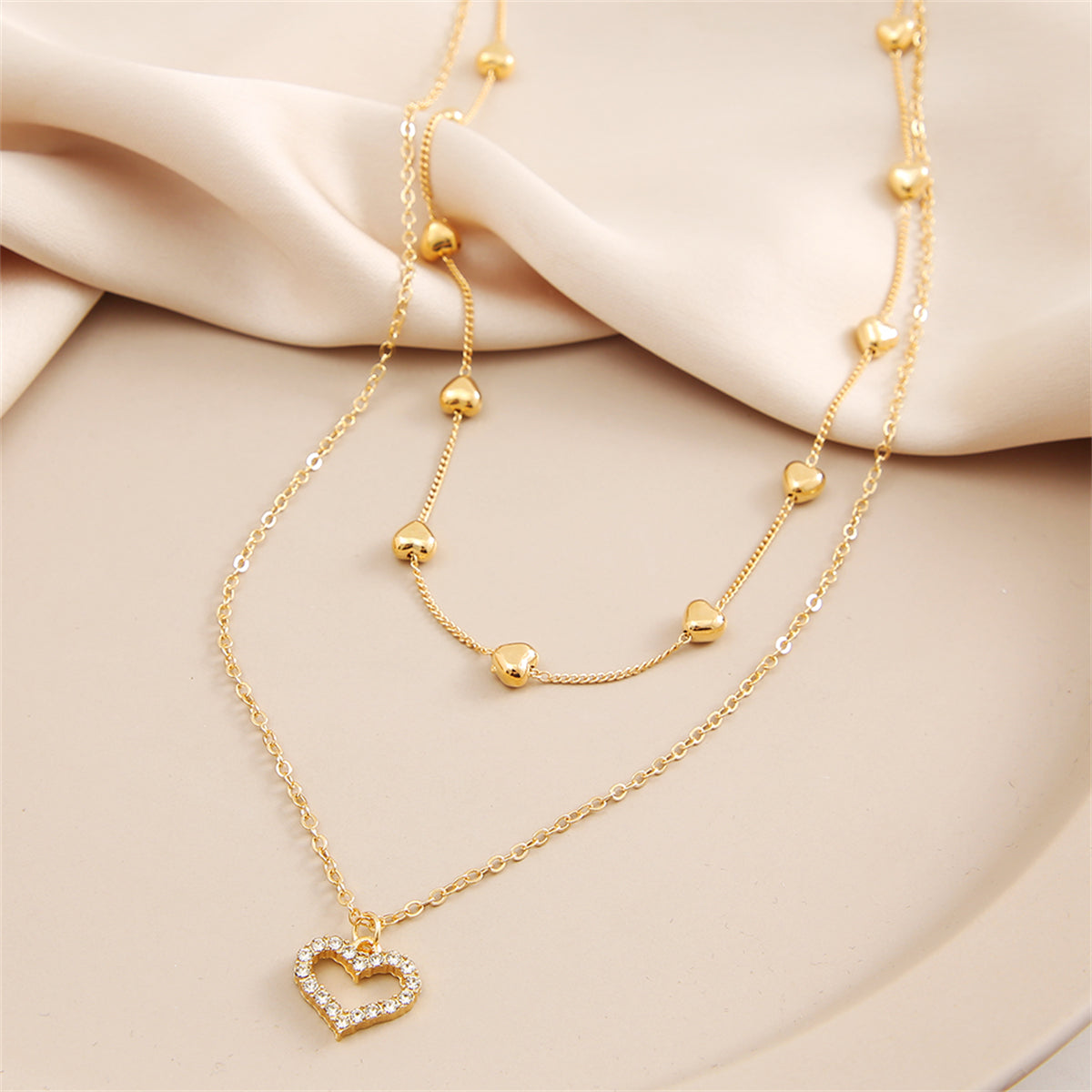 Cubic Zirconia & 18K Gold-Plated Heart Pendant Layered Necklace