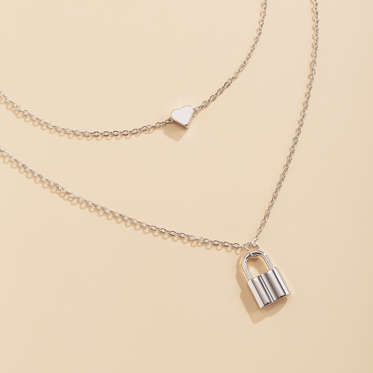 Silver-Plated Heart & Lock Layered Pendant Necklace