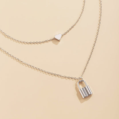 Silver-Plated Heart & Lock Layered Pendant Necklace