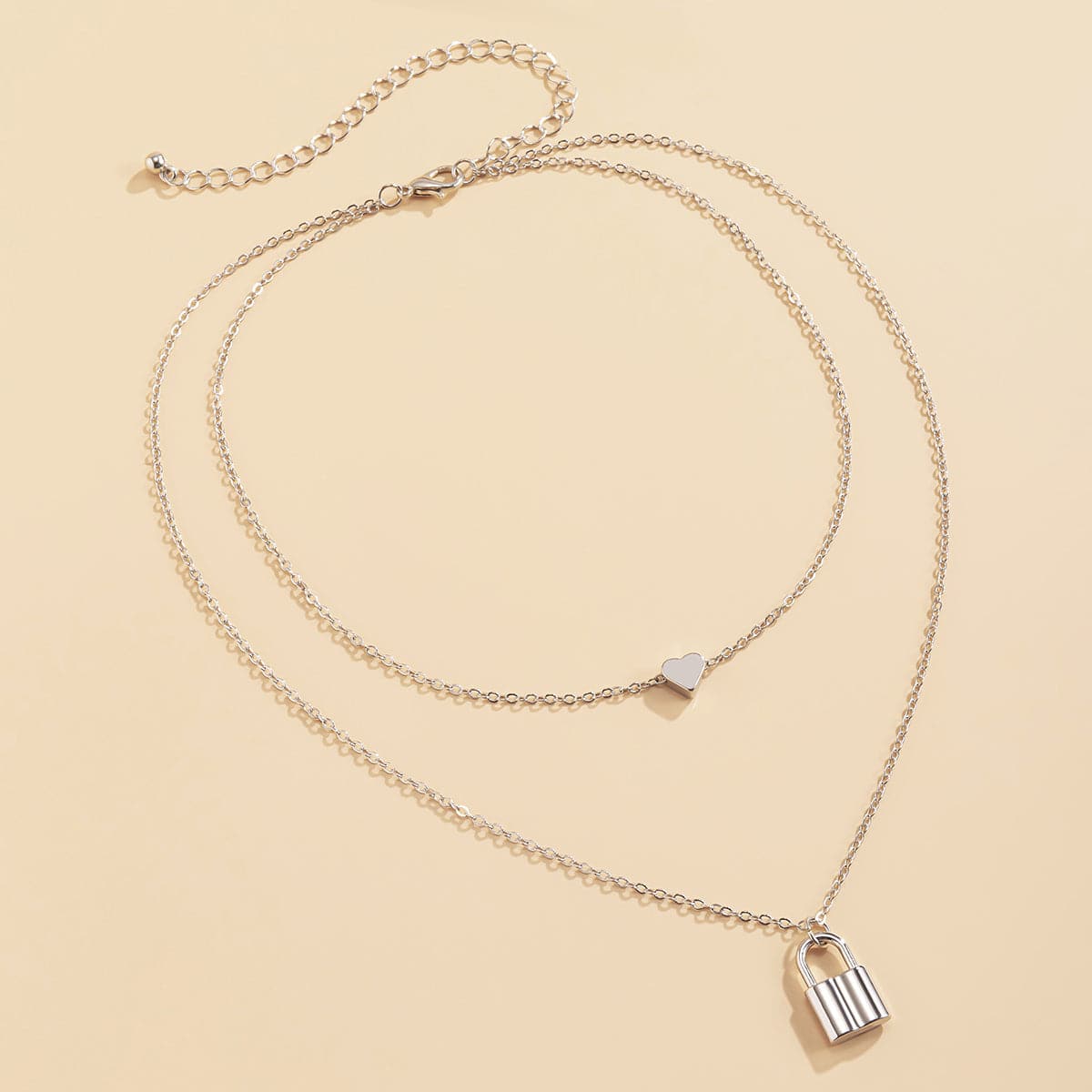 Silver-Plated Heart & Lock Layered Pendant Necklace