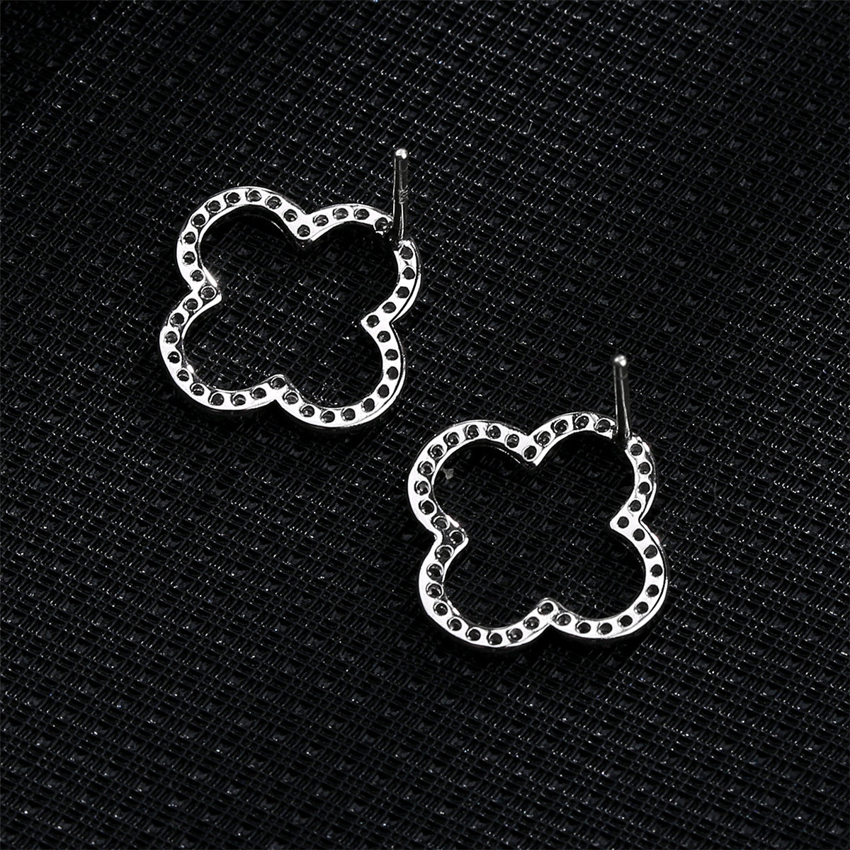 Cubic Zirconia and Silver-Plated Clover Stud Earrings, silver stud earrings for women, everyday style, detail close-up