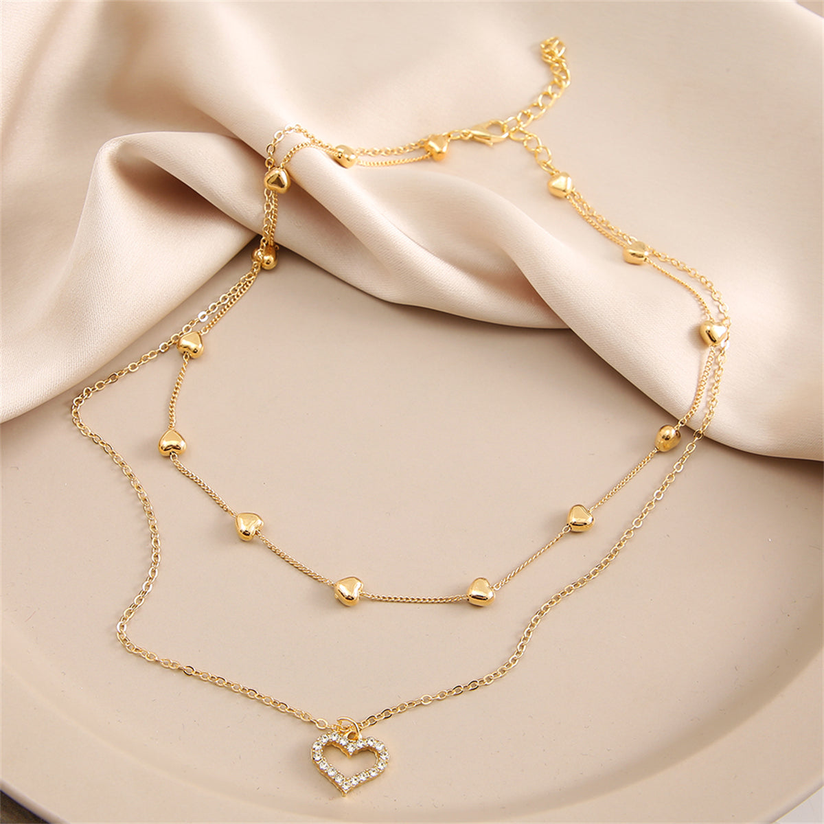 Cubic Zirconia & 18K Gold-Plated Heart Pendant Layered Necklace