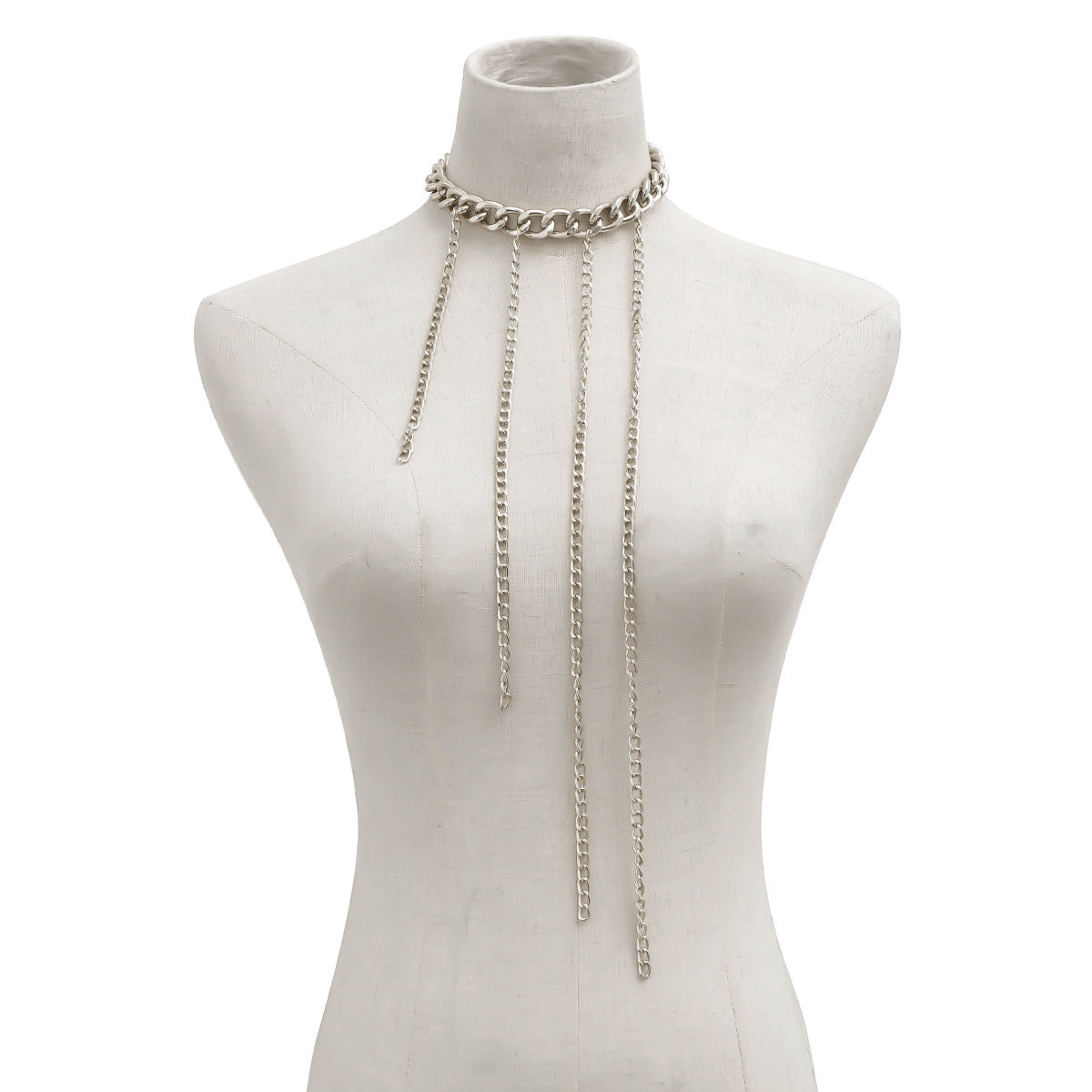 Silver-Plated Curb Chain Waterfall Tassel Choker Necklace