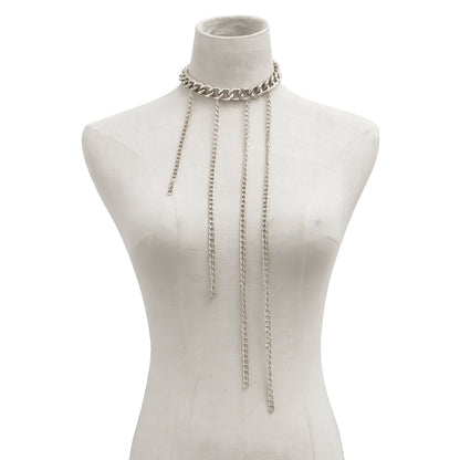 Silver-Plated Curb Chain Waterfall Tassel Choker Necklace