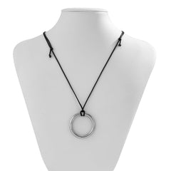 Black Yarn & Silver-Plated Circle Pendant Necklace