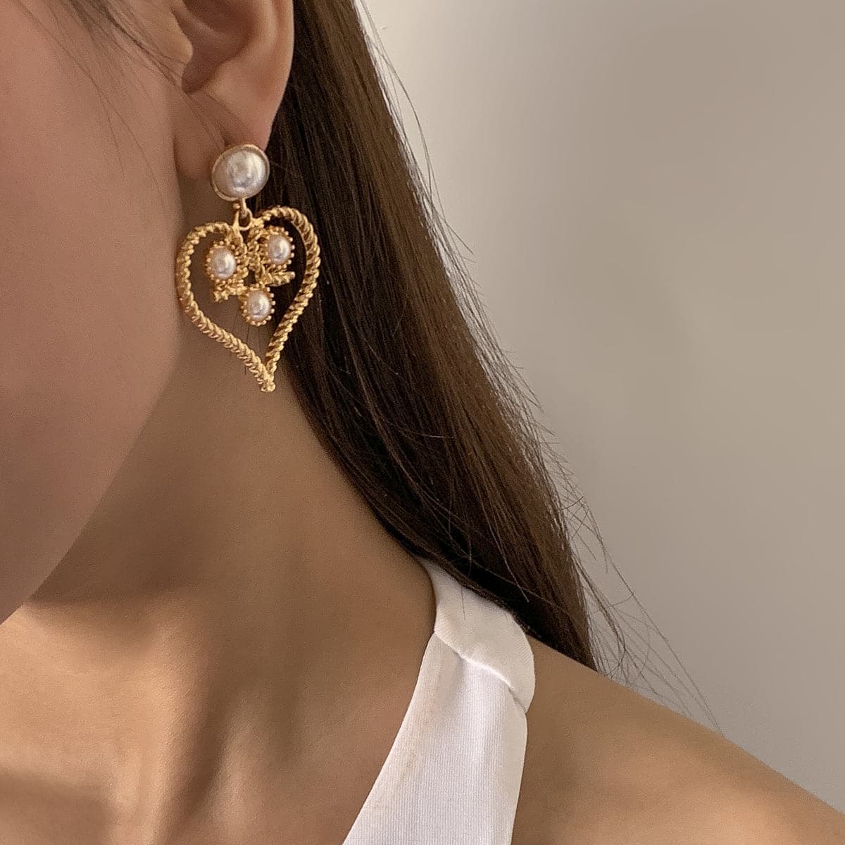 Pearl and 18K Gold-Plated Openwork Twist Heart Drop Earrings, gold drop earrings for women, everyday style, side view
