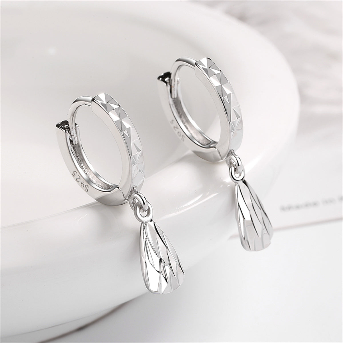 Silver-Plated Drop Huggie Earring, silver huggie earrings, elegant gift for her, front view