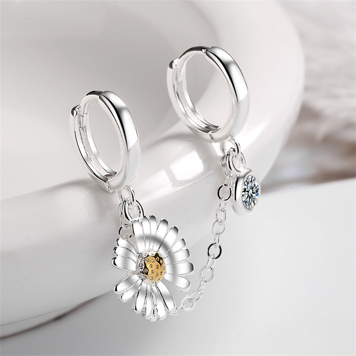 Cubic Zirconia and Two-Tone Mum Chain Huggie Earring, huggie earrings, botanical inspired, styled look