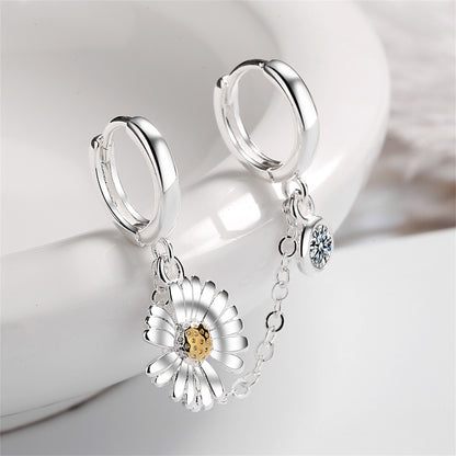 Cubic Zirconia and Two-Tone Mum Chain Huggie Earring, huggie earrings, botanical inspired, styled look