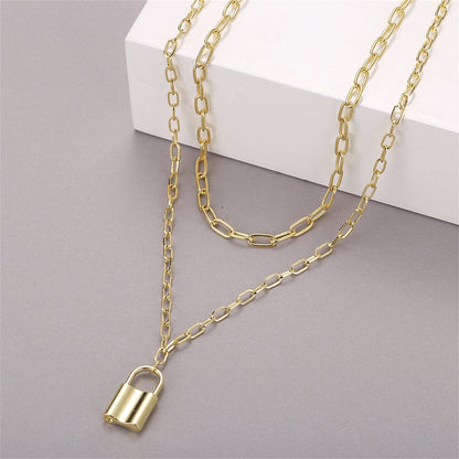 18K Gold-Plated Lock Layered Pendant Necklace, gold pendant necklace for women, vintage-inspired design, detail close-up